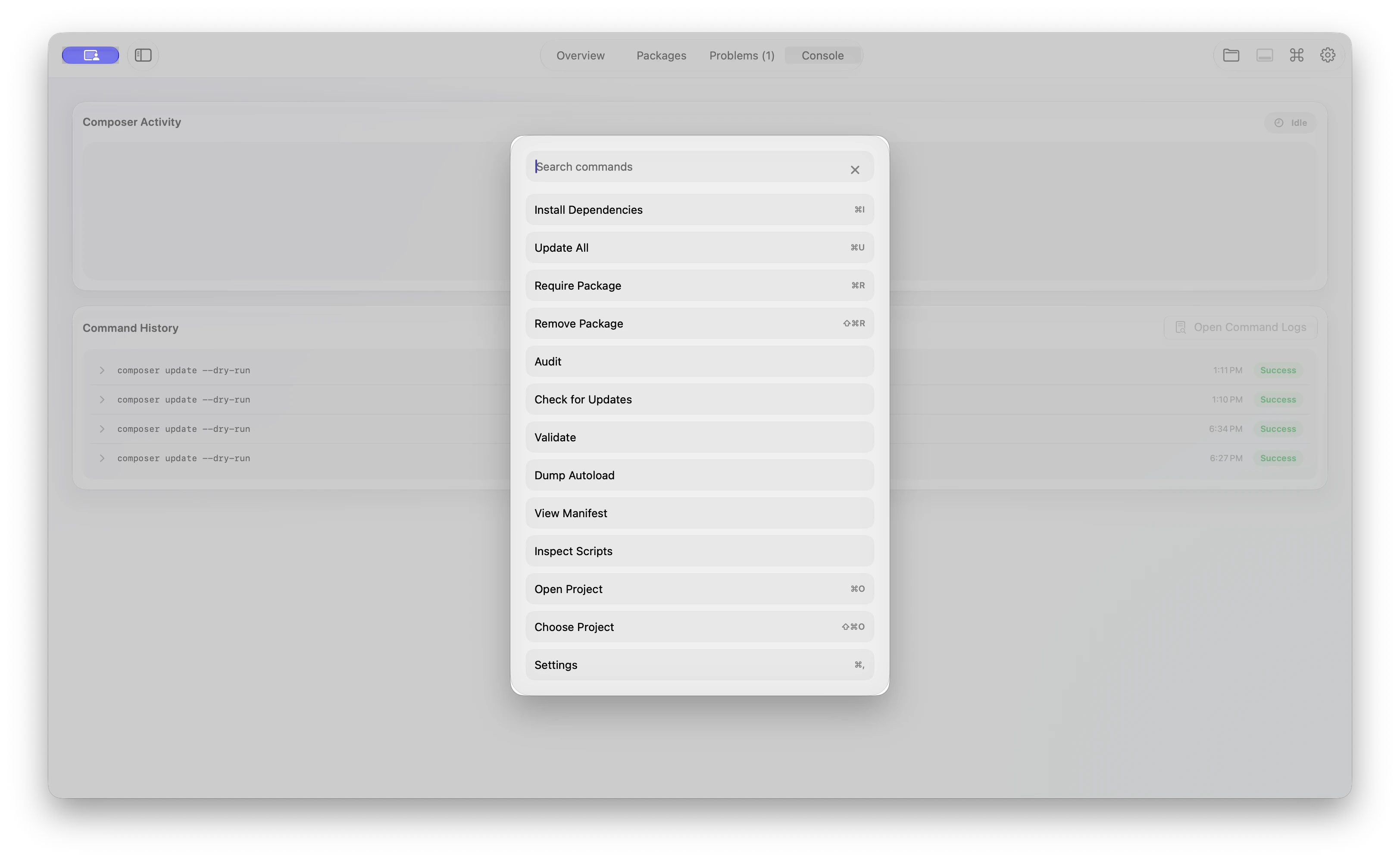 ComposerGlass command palette over the Console workspace