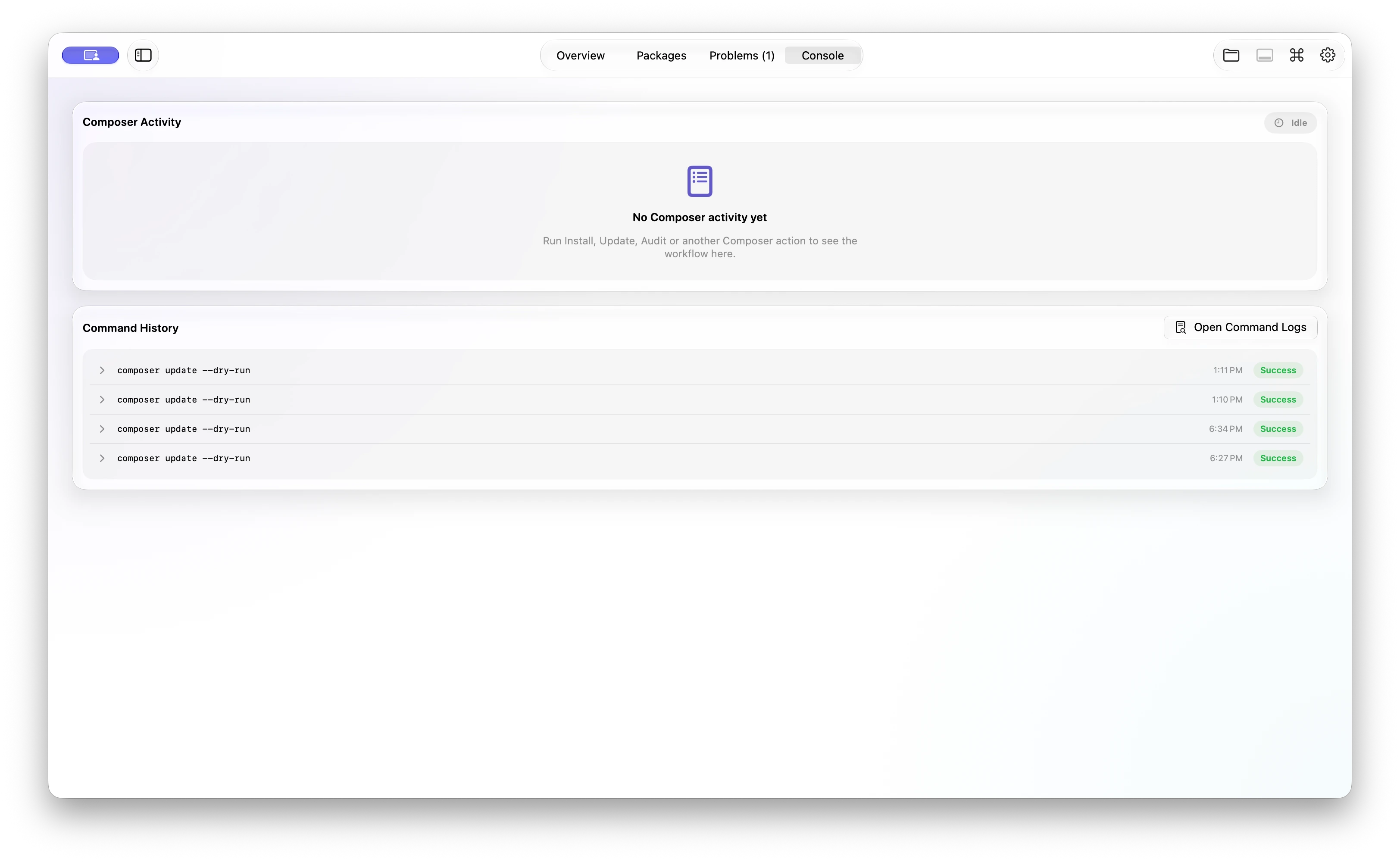 ComposerGlass Console with live activity and persistent command history