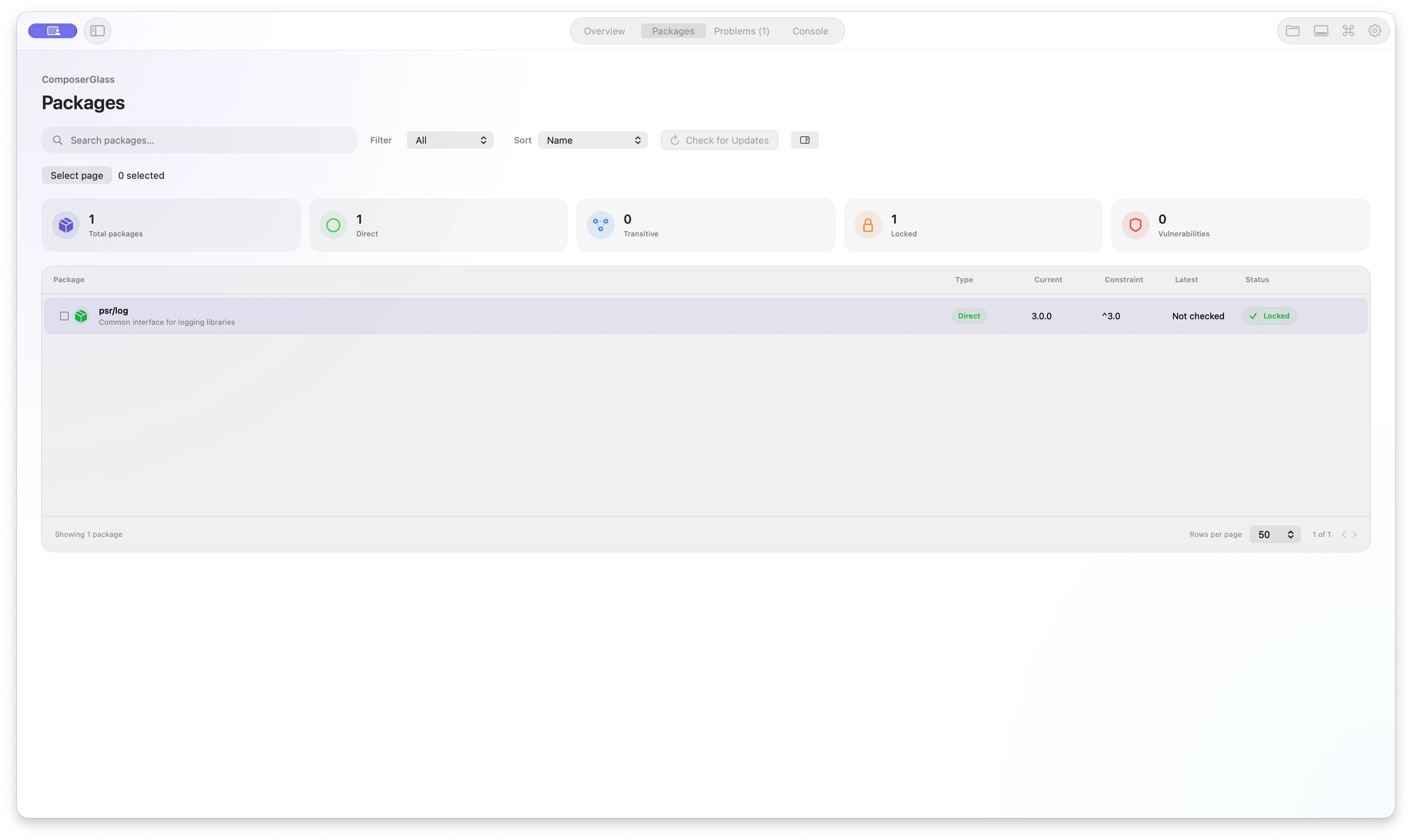 ComposerGlass Packages workspace with package metrics, filters, versions, selection, and update status