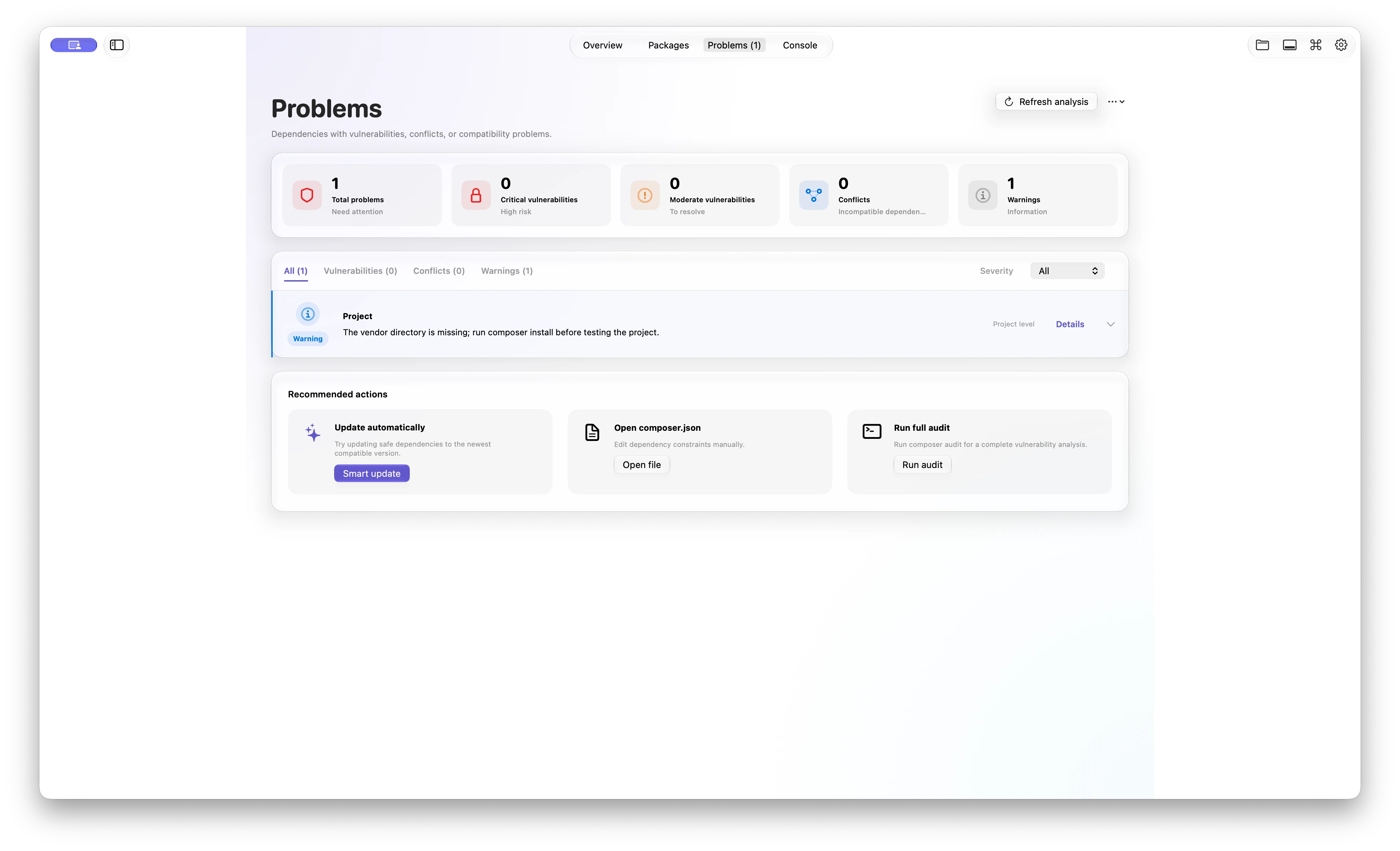 ComposerGlass Problems workspace with issue metrics, filters, diagnostics, and recommended actions